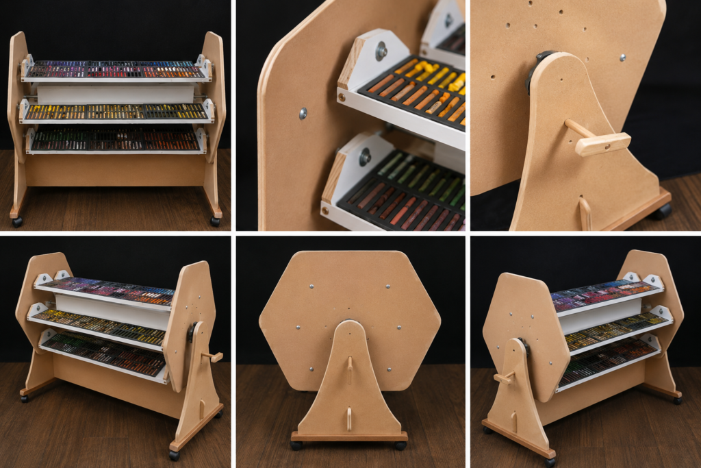Collage of images of the wooden version of Pastel Orbit