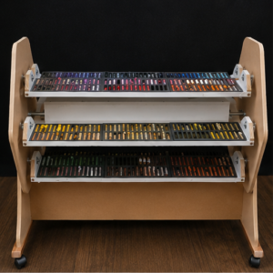 Front view of wooden PastelOrbit with filled foam trays