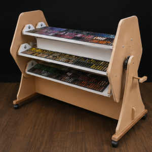 Angled view of Wooden PastelOrbit with filled foam trays