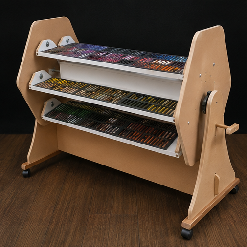 Angled view of Wooden PastelOrbit with filled foam trays