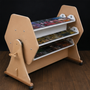 Angled view of Wooden PastelOrbit with filled foam trays